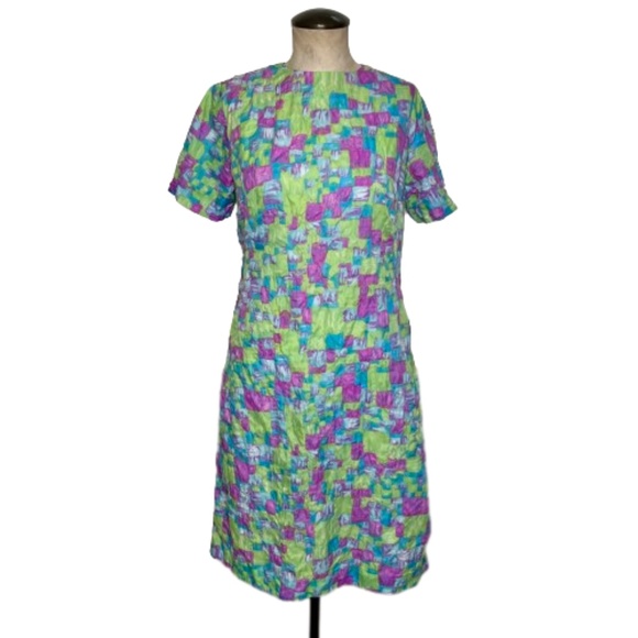 1970s Mod Neon Dress Size Medium quilt print colorful shift - Picture 1 of 14
